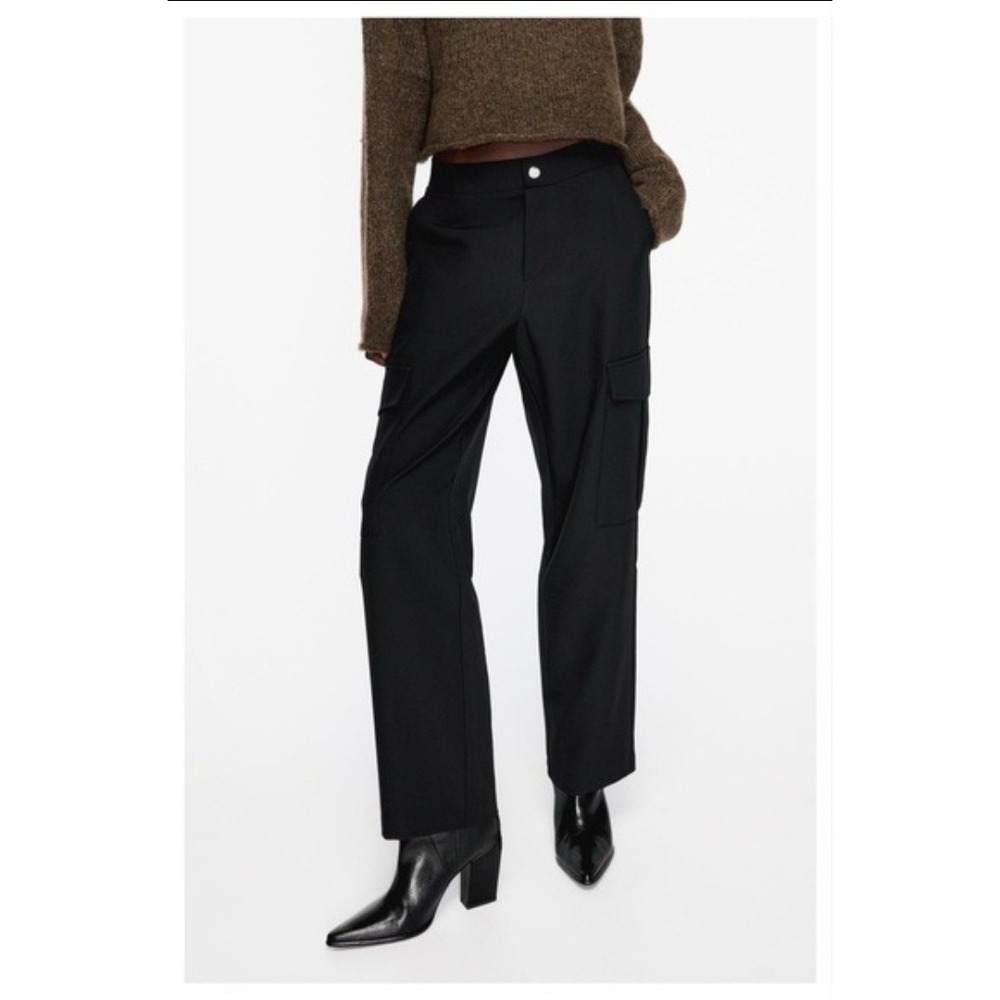 Zara Womens Black High Waisted Cargo Straight Leg Pants Size M‎ 1608/260/800